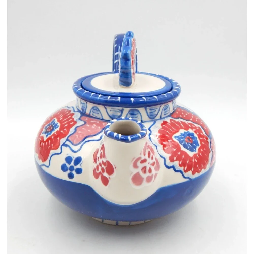 Blue Sky Ceramics Cambria Poppy Teapot Heather Goldminc 2012 Red White Blue